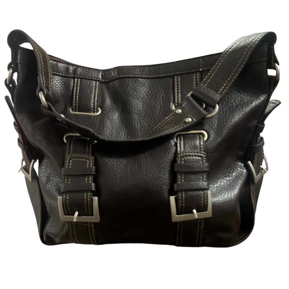 Vintage Style Dark Brown Pebbled Leather Slouchy Shoulder Bag Double Buckle